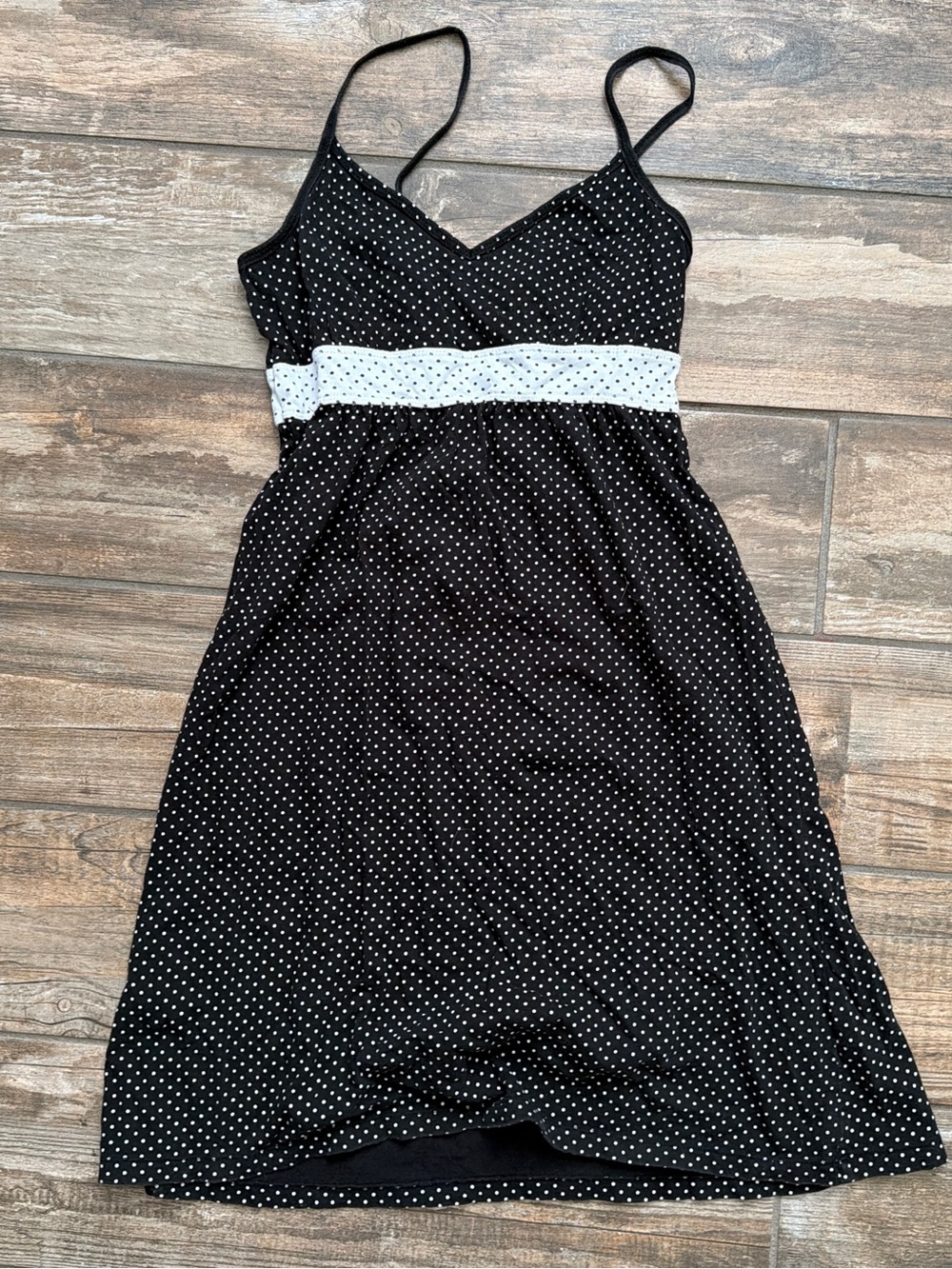 One Step Up Black Polka Dot Spaghetti Strap Dress with White Waistband